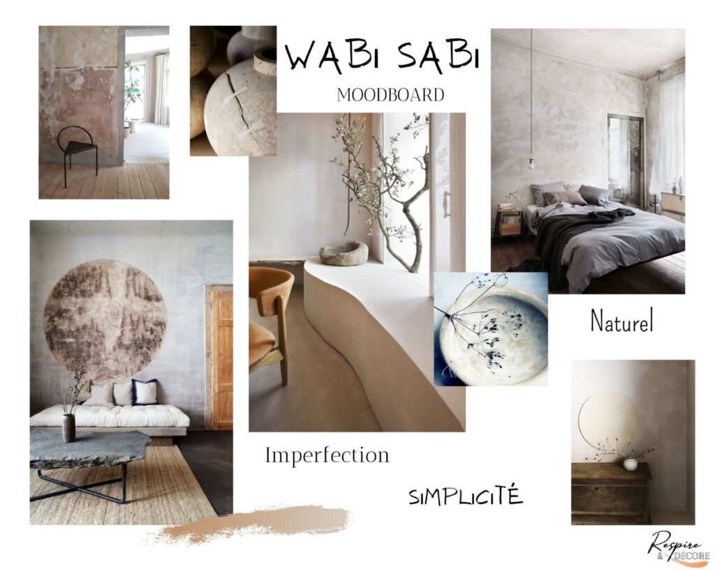 Moodboard ou planche d'ambiance que j'ai réalisé pour vous présenter la tendance Wabi Sabi en décoration.