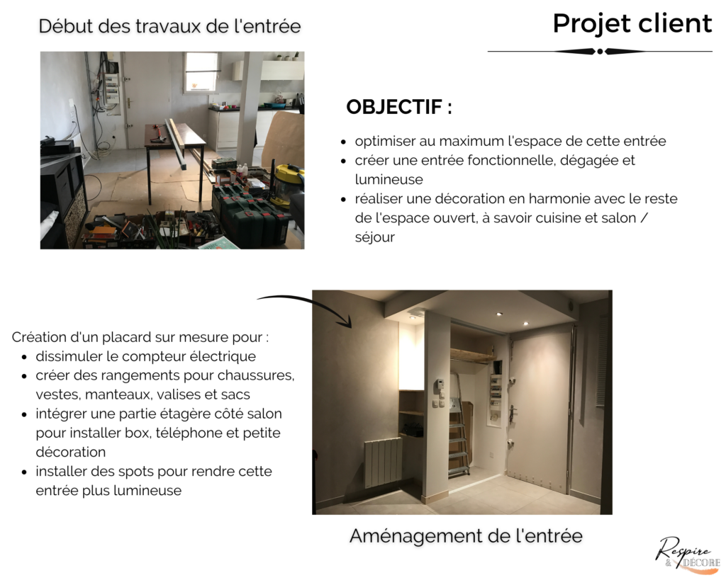 Détail du projet d'aménagement d'une entrée ouverte sur un espace cuisine / salon / séjour