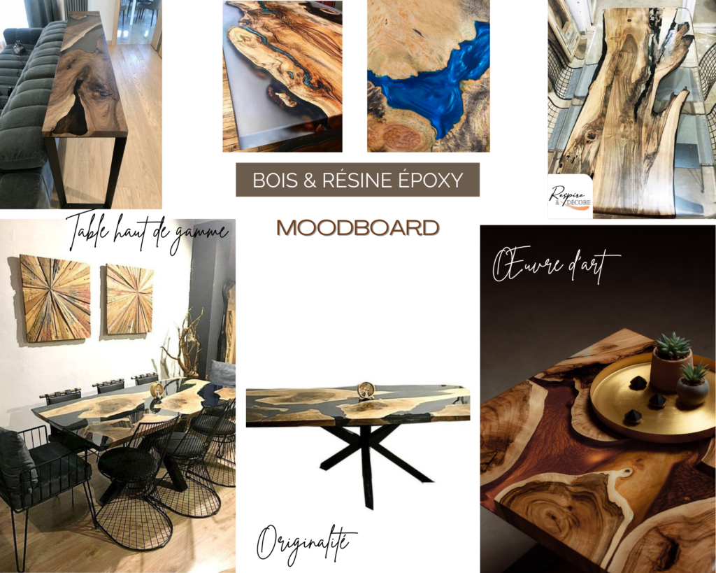 Moodboard d'inspirations avec des meubles en bois et résine époxy