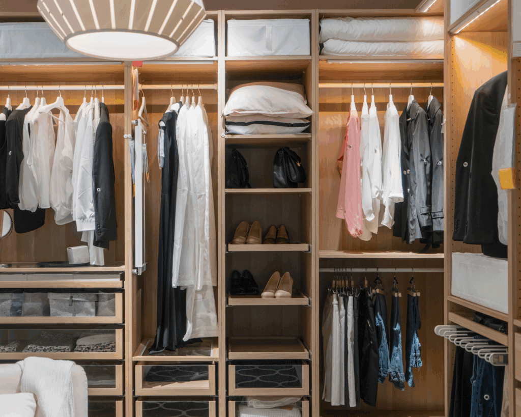 Aménagement d'un dressing avec penderies, rayons et accessoires de rangement